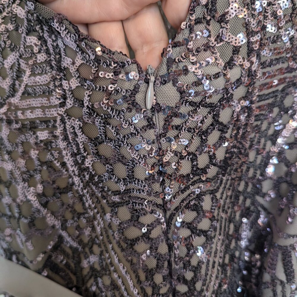 SEQUIN LACE & ILLUSION | Godet A-Line Dress | 12 | WORN 1x | Mauve \ Gatsby 1920 - Picture 8 of 11